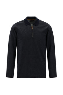 Tünd Dəniz Polo Yaxalıqlı Adi Fit Fermuarlı Naxışlı Sweatshirt