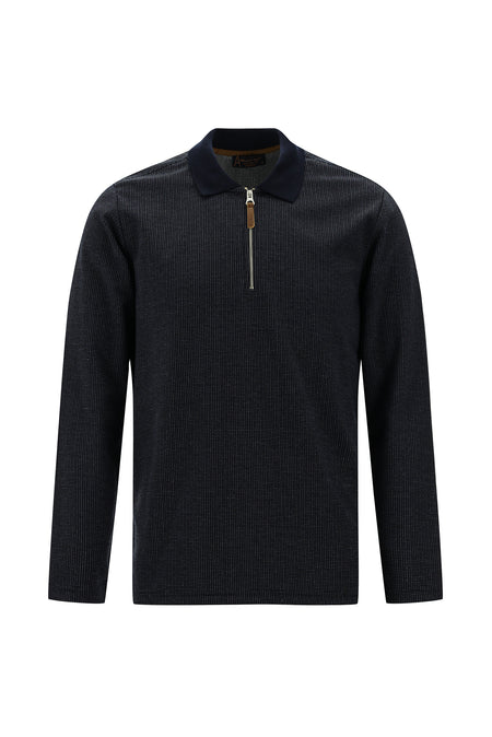 Tünd Dəniz Polo Yaxalıqlı Adi Fit Fermuarlı Naxışlı Sweatshirt