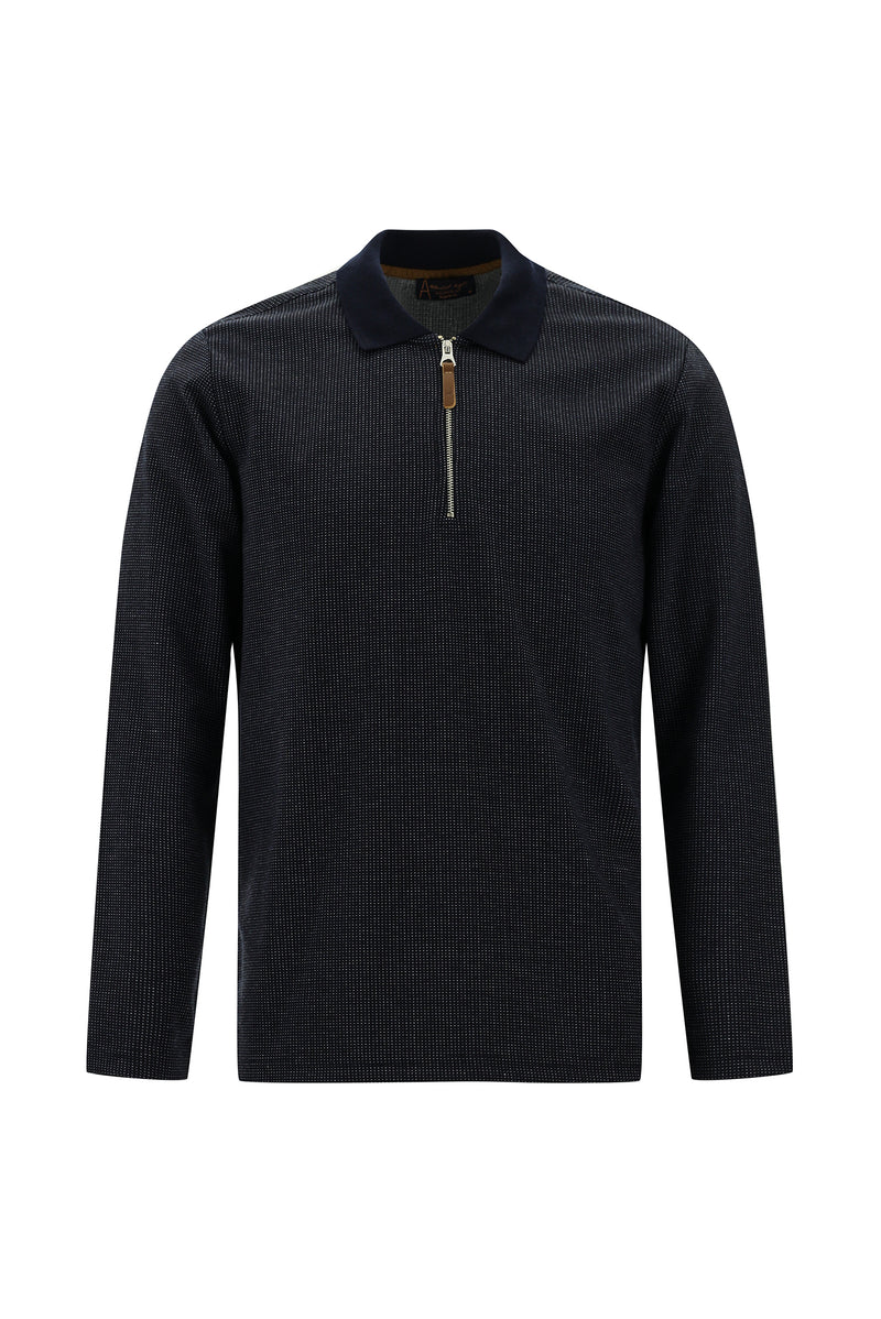 Tünd Dəniz Polo Yaxalıqlı Adi Fit Fermuarlı Naxışlı Sweatshirt