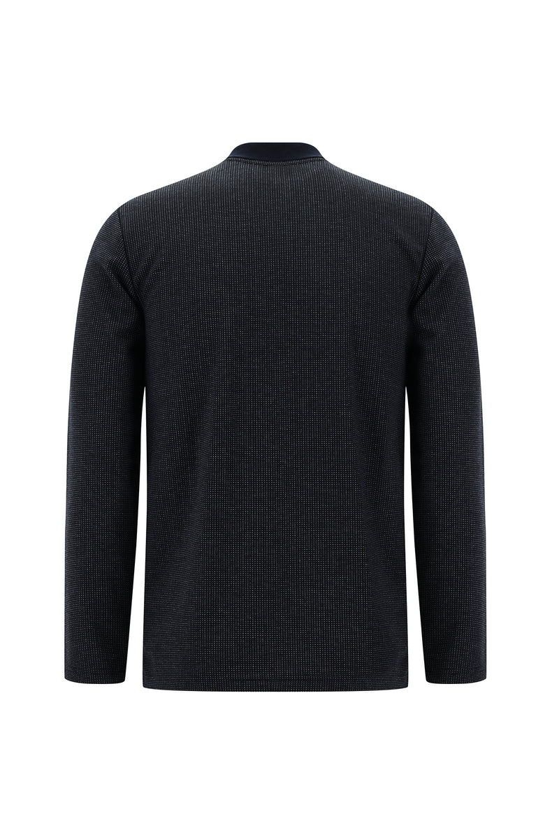 Tünd Dəniz Polo Yaxalıqlı Adi Fit Fermuarlı Naxışlı Sweatshirt