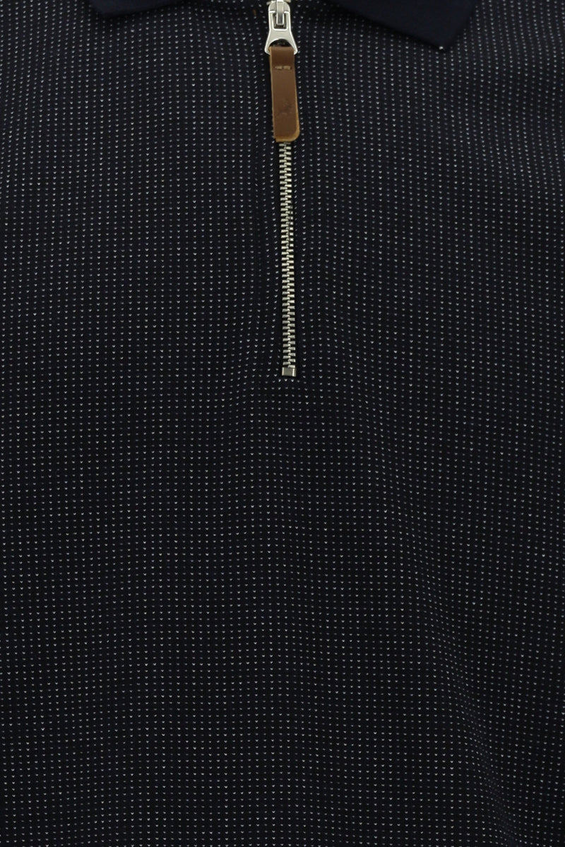 Tünd Dəniz Polo Yaxalıqlı Adi Fit Fermuarlı Naxışlı Sweatshirt