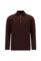 Tünd Bordo Polo Yaxalıqlı Adi Fit Fermuarlı Naxışlı Sweatshirt