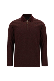 Tünd Bordo Polo Yaxalıqlı Adi Fit Fermuarlı Naxışlı Sweatshirt