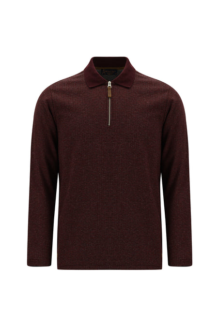 Tünd Bordo Polo Yaxalıqlı Adi Fit Fermuarlı Naxışlı Sweatshirt