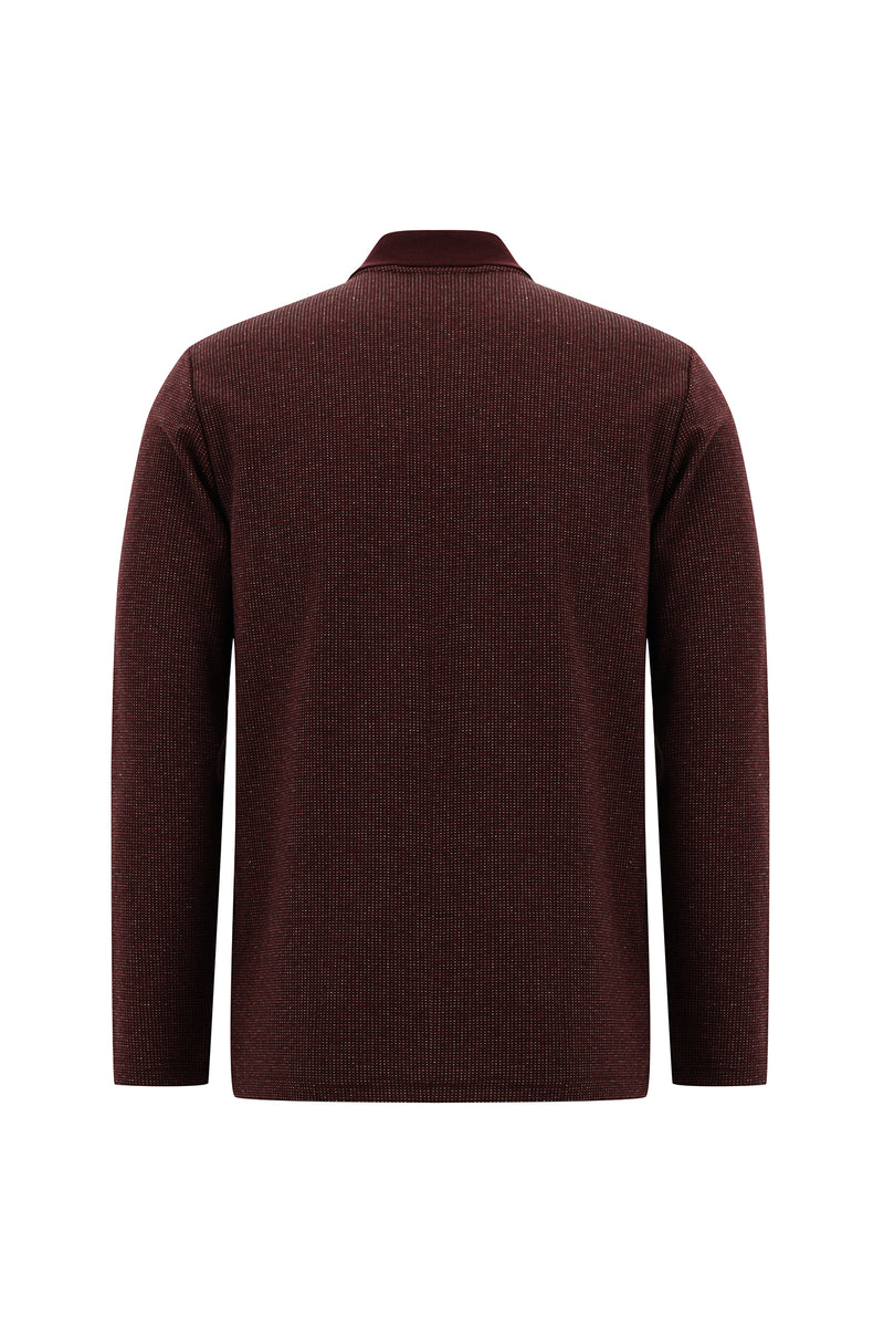Tünd Bordo Polo Yaxalıqlı Adi Fit Fermuarlı Naxışlı Sweatshirt