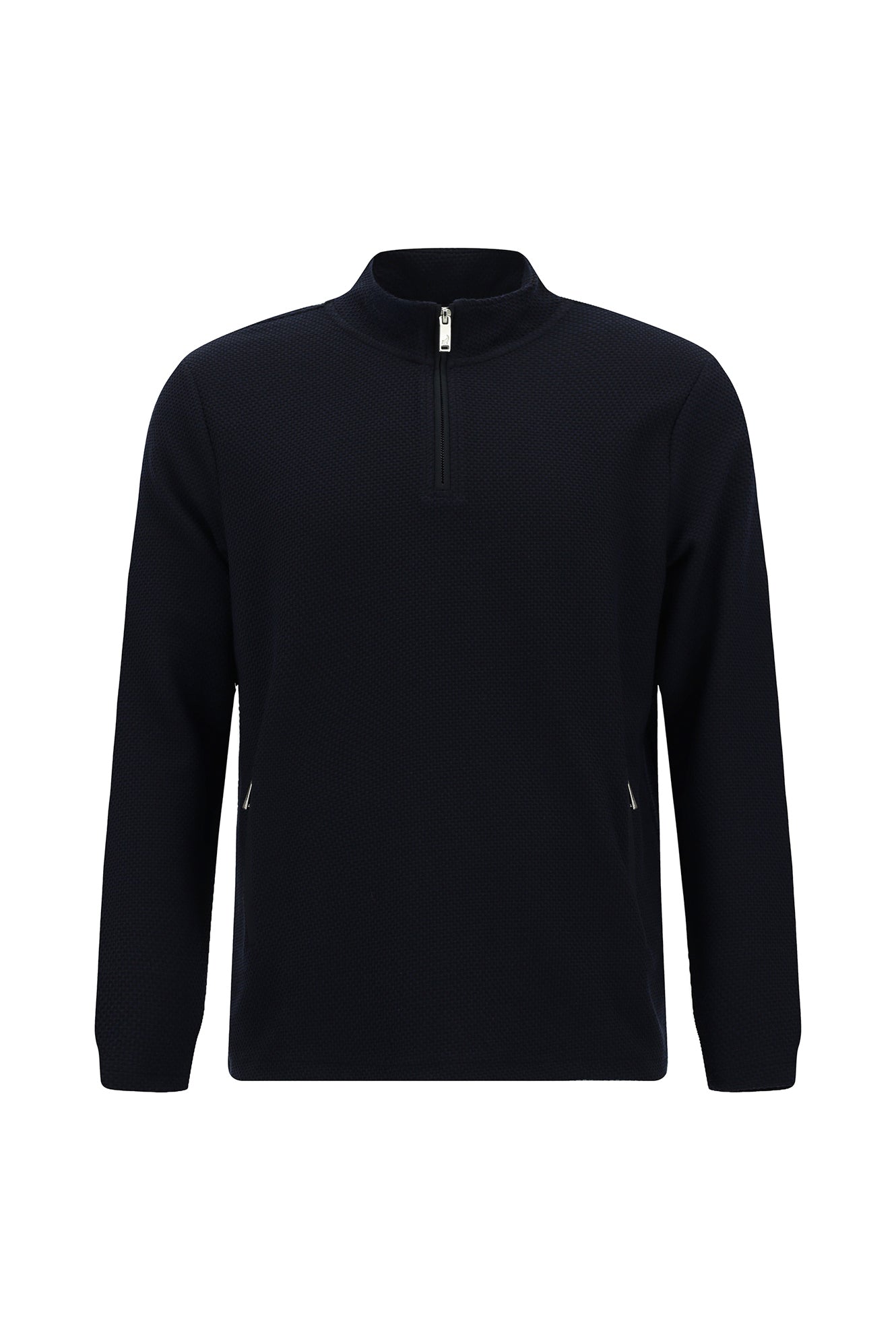 Tünd Dəniz Yarım Turtlenock Adi Fit Fermuarlı Naxışlı Sweatshirt