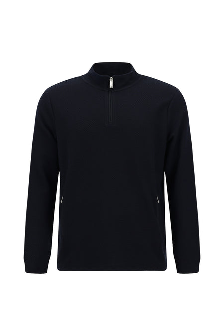 Tünd Dəniz Yarım Turtlenock Adi Fit Fermuarlı Naxışlı Sweatshirt