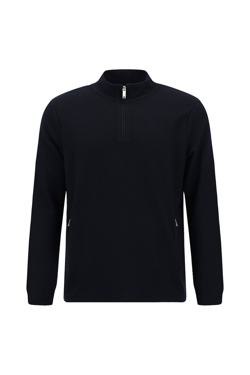 Tünd Dəniz Yarım Turtlenock Adi Fit Fermuarlı Naxışlı Sweatshirt