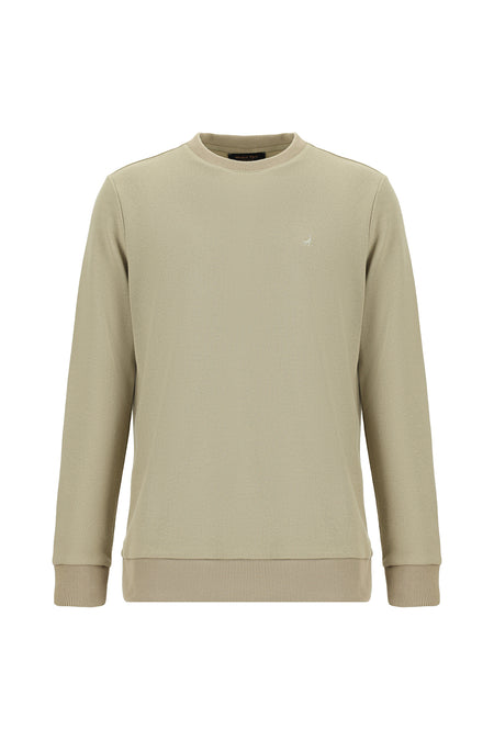 Orta Bej Crew Neck Adi Fit Pambıq Naxışlı Sweatshirt