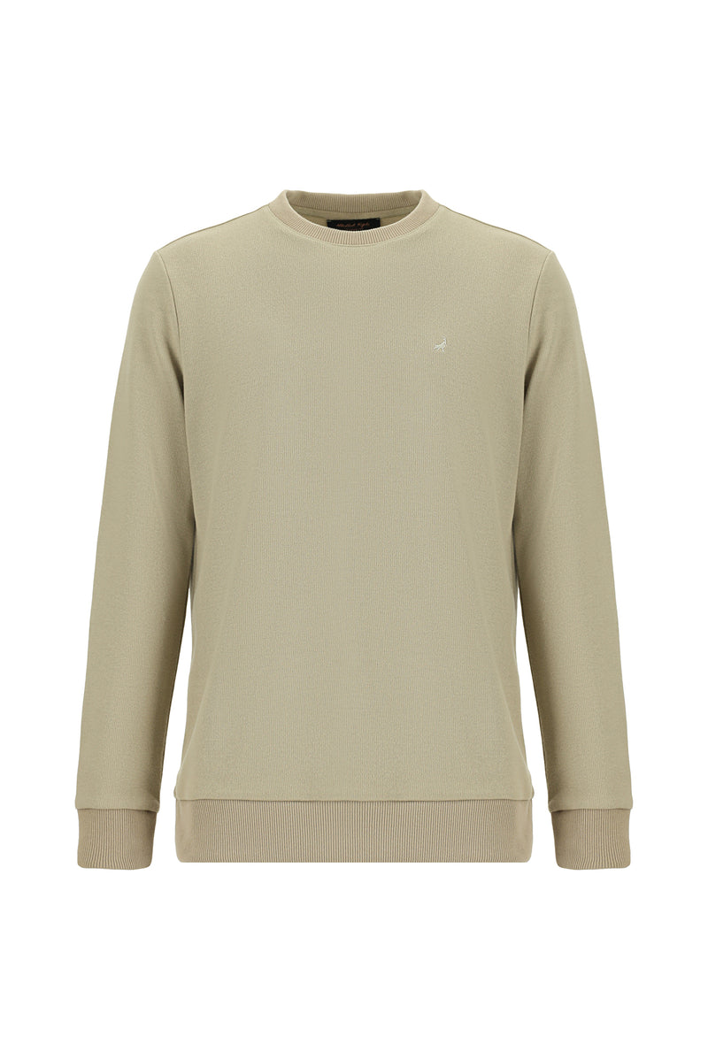 Orta Bej Crew Neck Adi Fit Pambıq Naxışlı Sweatshirt