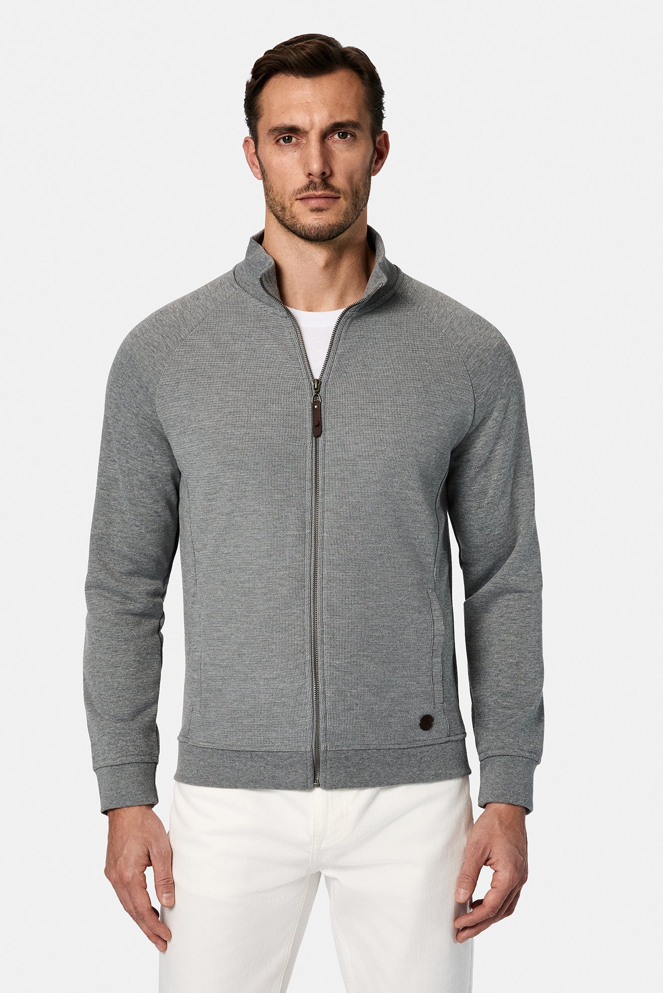 Orta Hisə Verilmiş Melanj Yüksək Yaxalı Pambıq Fermuarlı Cibli Naxışlı Sweatshirt Kardiqan