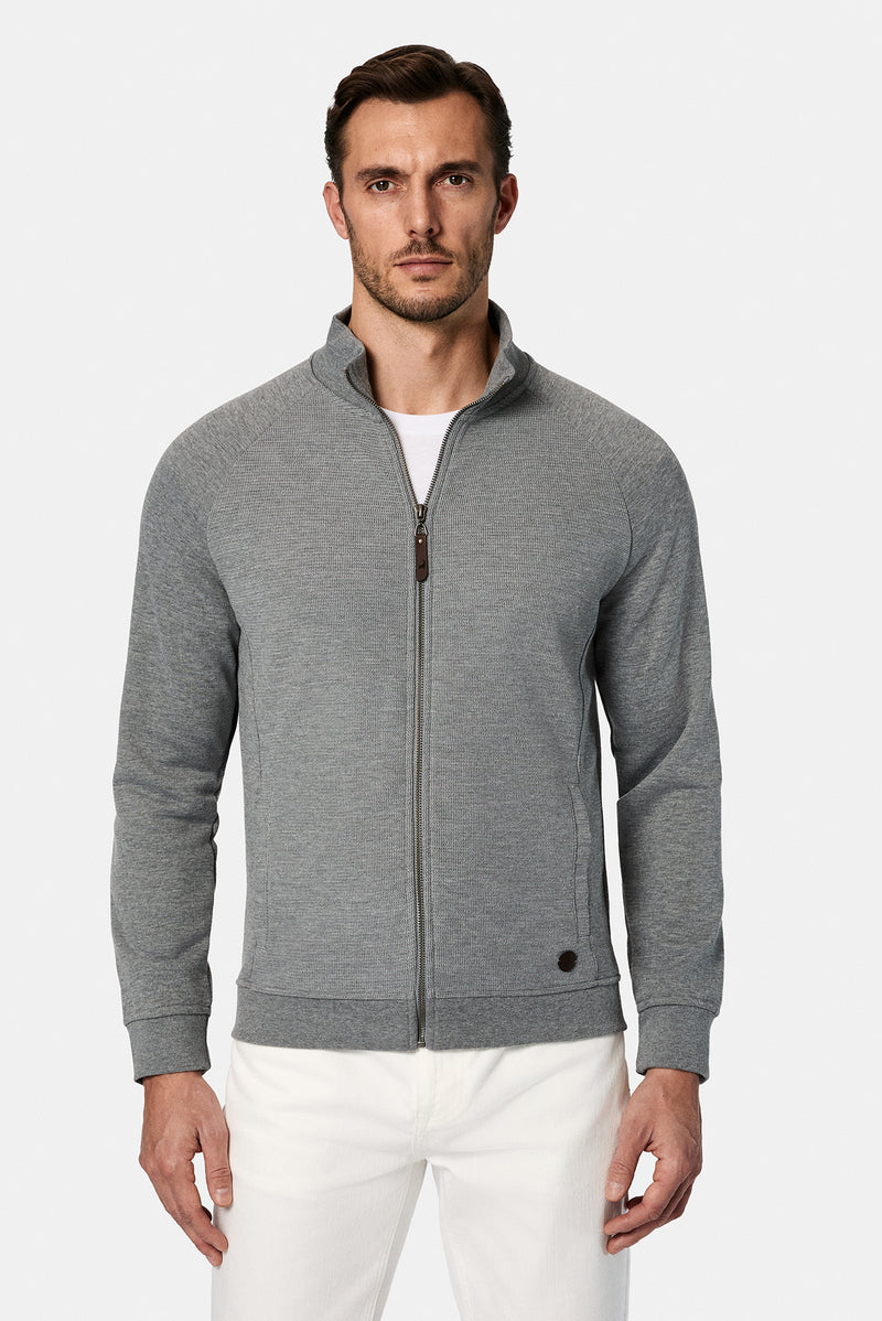 Orta Hisə Verilmiş Melanj Yüksək Yaxalı Pambıq Fermuarlı Cibli Naxışlı Sweatshirt Kardiqan