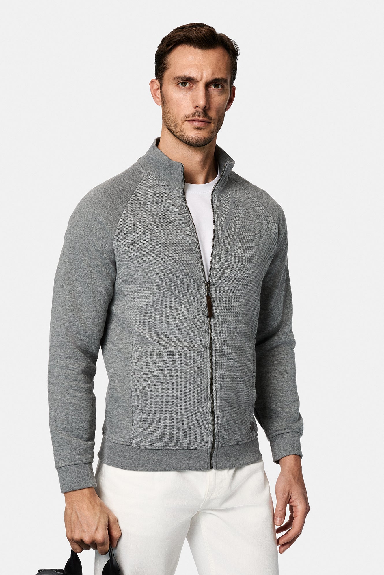 Orta Hisə Verilmiş Melanj Yüksək Yaxalı Pambıq Fermuarlı Cibli Naxışlı Sweatshirt Kardiqan