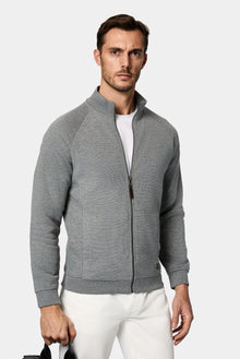 Orta Hisə Verilmiş Melanj Yüksək Yaxalı Pambıq Fermuarlı Cibli Naxışlı Sweatshirt Kardiqan