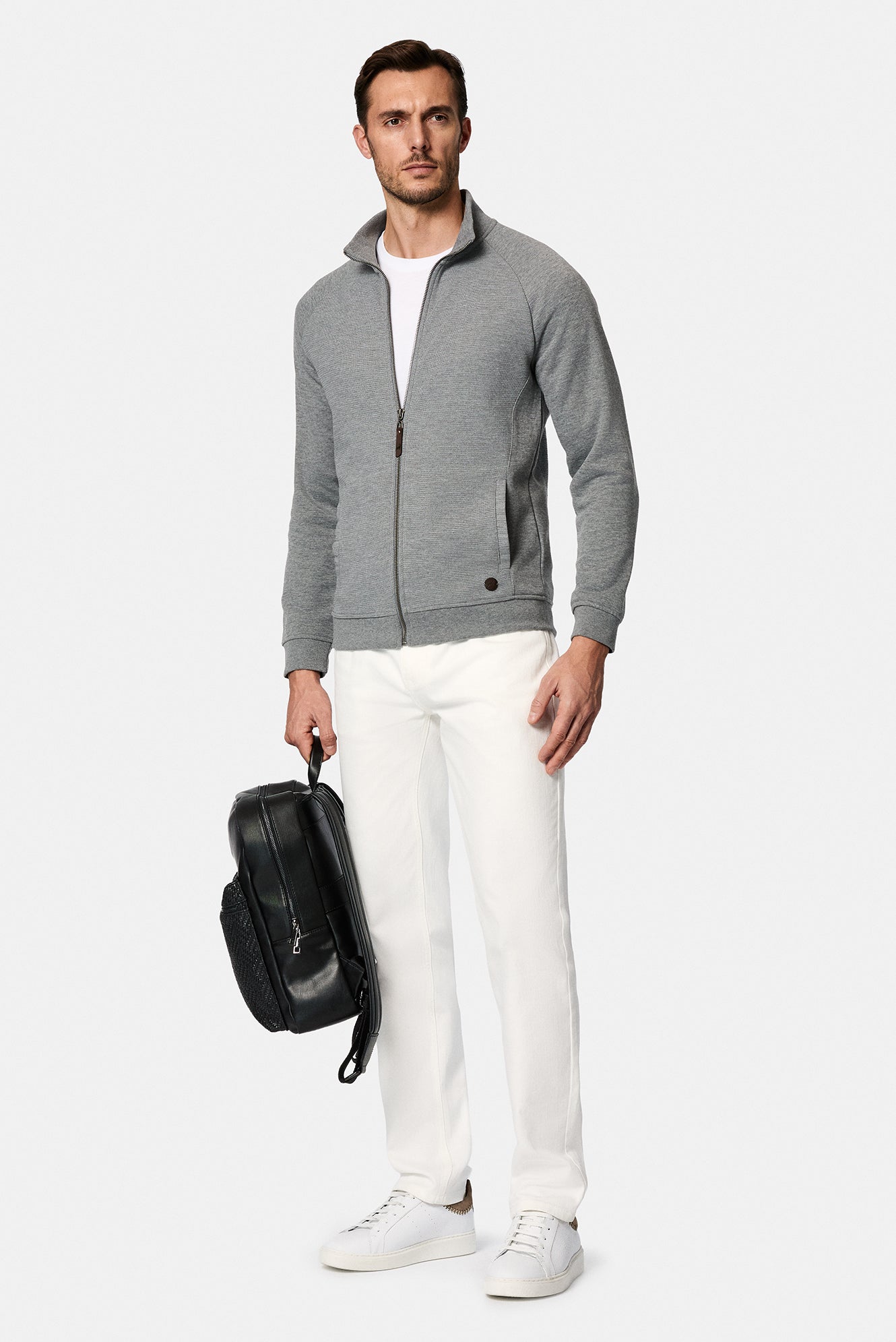 Orta Hisə Verilmiş Melanj Yüksək Yaxalı Pambıq Fermuarlı Cibli Naxışlı Sweatshirt Kardiqan