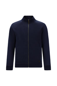 Tünd Dəniz Yüksək Yaxalı Pambıq Fermuarlı Cibli Naxışlı Sweatshirt Kardiqan