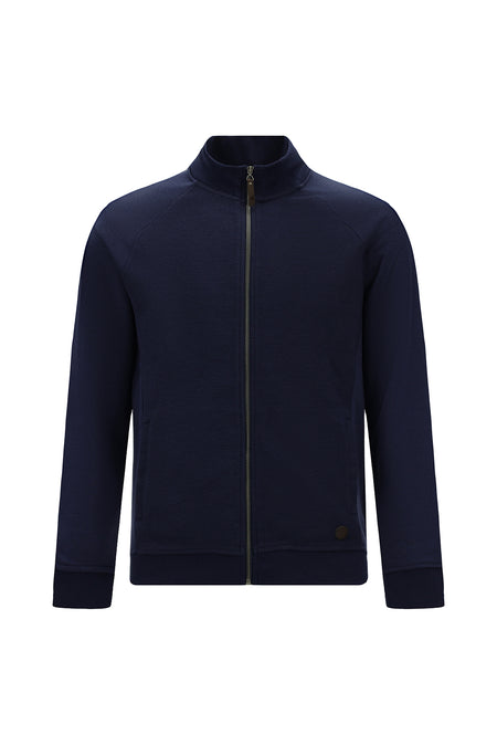 Tünd Dəniz Yüksək Yaxalı Pambıq Fermuarlı Cibli Naxışlı Sweatshirt Kardiqan