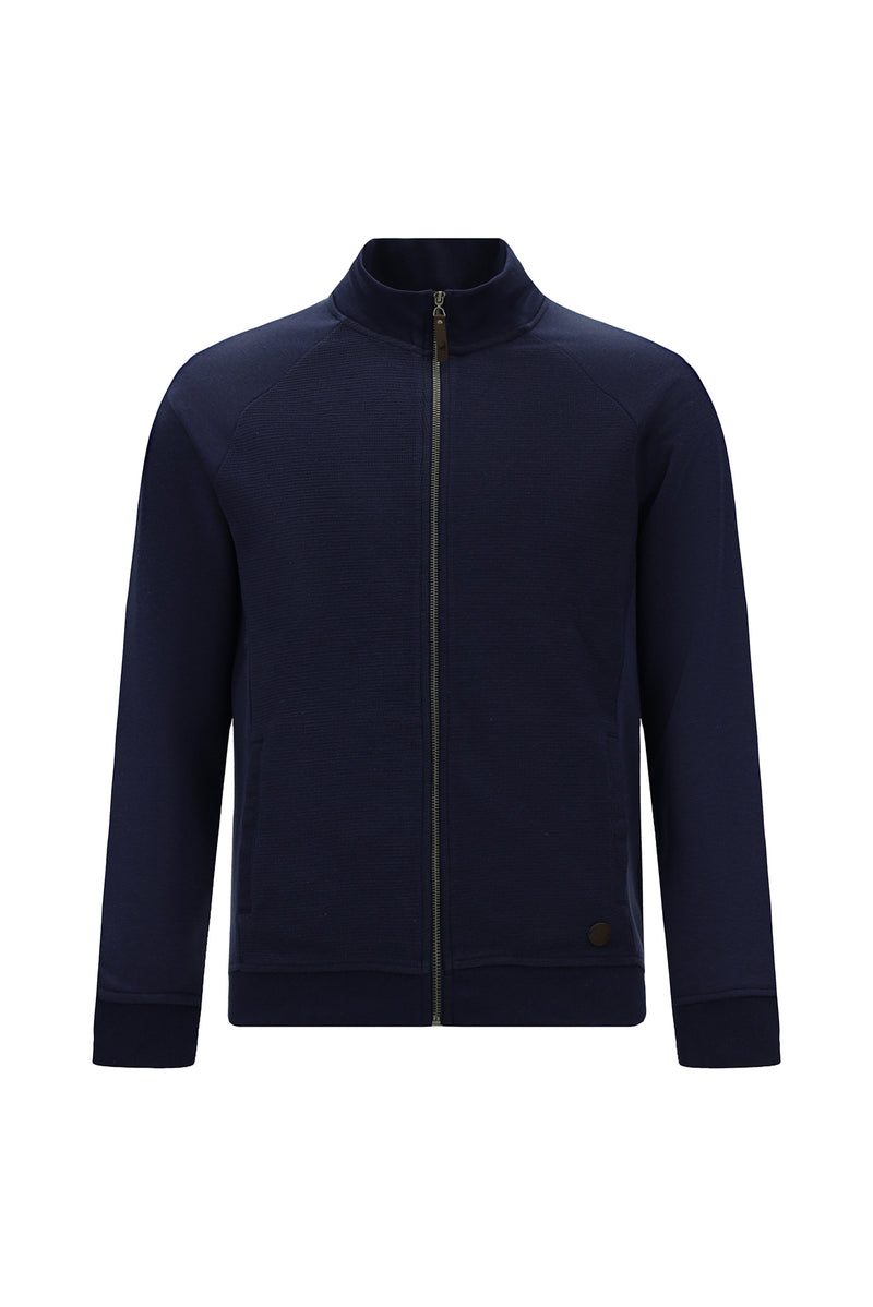 Tünd Dəniz Yüksək Yaxalı Pambıq Fermuarlı Cibli Naxışlı Sweatshirt Kardiqan