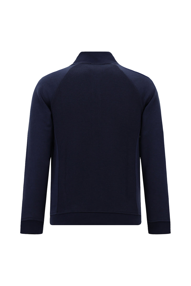 Tünd Dəniz Yüksək Yaxalı Pambıq Fermuarlı Cibli Naxışlı Sweatshirt Kardiqan
