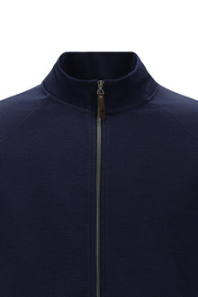 Tünd Dəniz Yüksək Yaxalı Pambıq Fermuarlı Cibli Naxışlı Sweatshirt Kardiqan