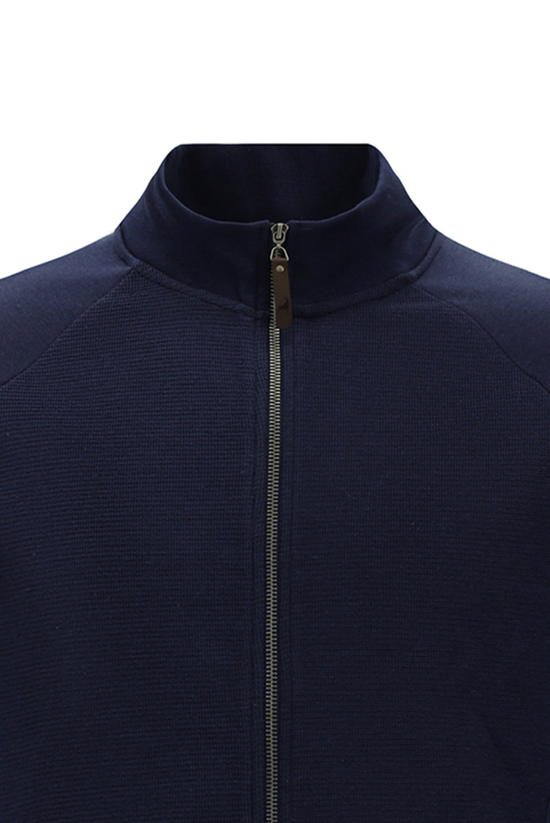 Tünd Dəniz Yüksək Yaxalı Pambıq Fermuarlı Cibli Naxışlı Sweatshirt Kardiqan