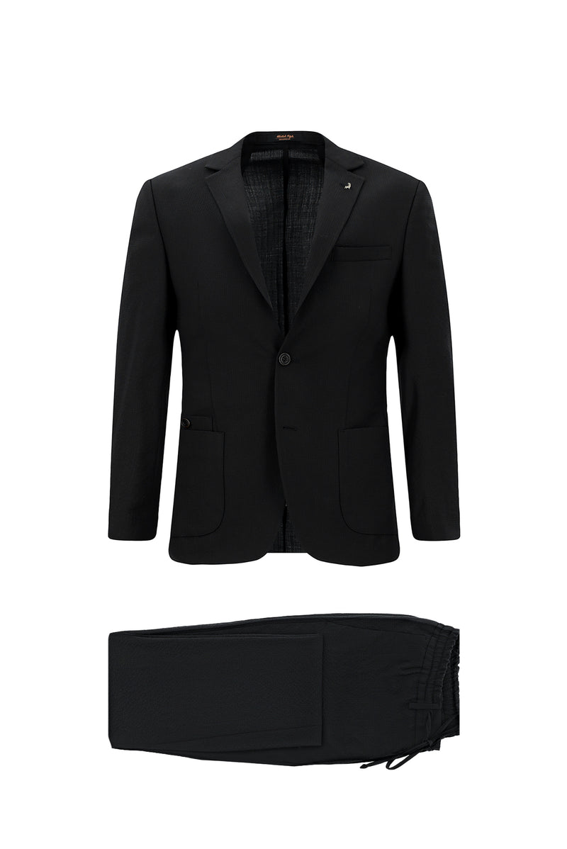 Qara 7 damcı Super Slim Fit Əlavə Dar Kəsilmiş Yun Damalı Elastik Bel İpli Vafli Kostyum