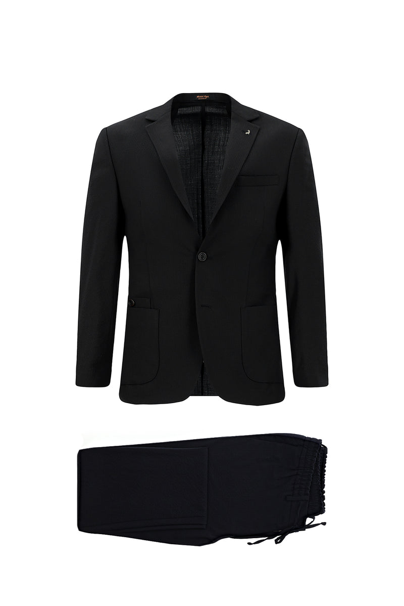 Tünd Dəniz 7 damcı Super Slim Fit Əlavə Dar Kəsilmiş Yun Damalı Elastik Bel İpli Vafli Kostyum