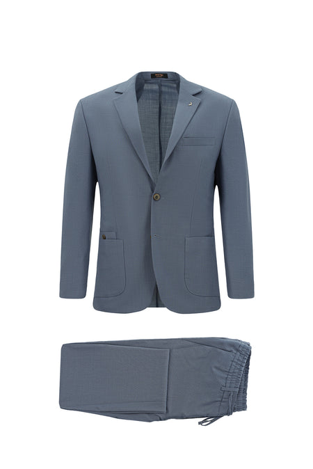 Açıq Mavi 7 damcı Super Slim Fit Əlavə Dar Kəsilmiş Yun Damalı Elastik Bel İpli Vafli Kostyum