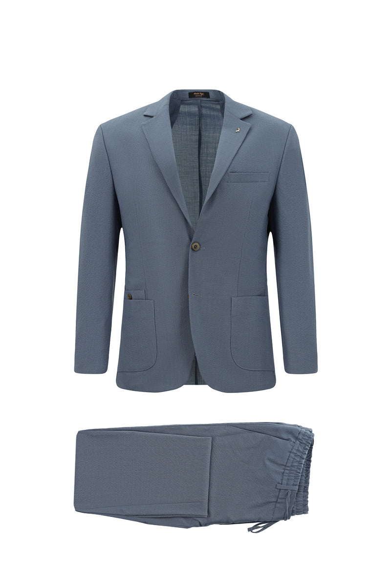 Açıq Mavi 7 damcı Super Slim Fit Əlavə Dar Kəsilmiş Yun Damalı Elastik Bel İpli Vafli Kostyum