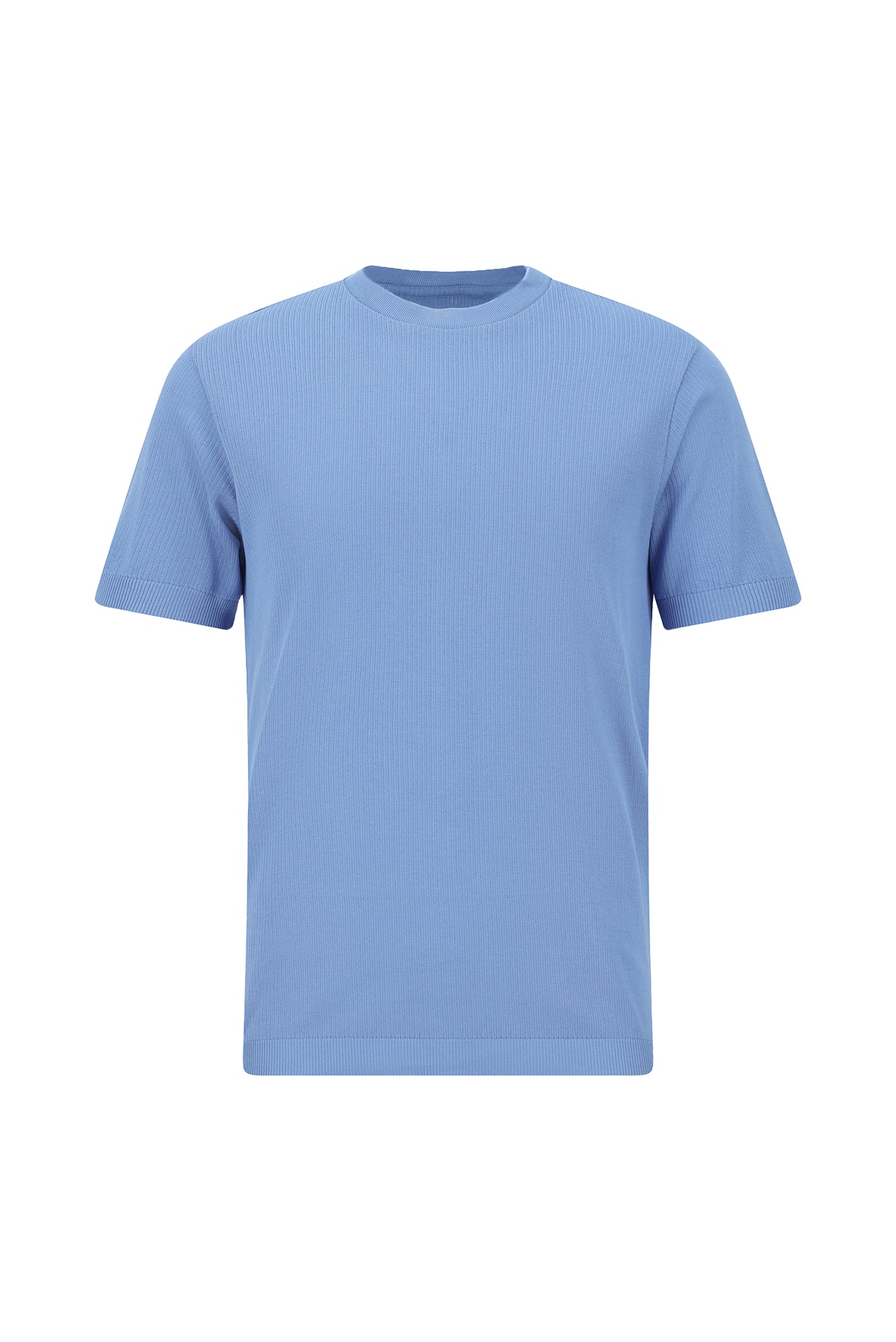 Mavi Crew Neck Slim Fit Dar Kəsik Naxışlı Merserizə Pambıq Örgü Futbolka
