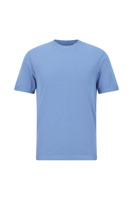 Mavi Crew Neck Slim Fit Dar Kəsik Naxışlı Merserizə Pambıq Örgü Futbolka