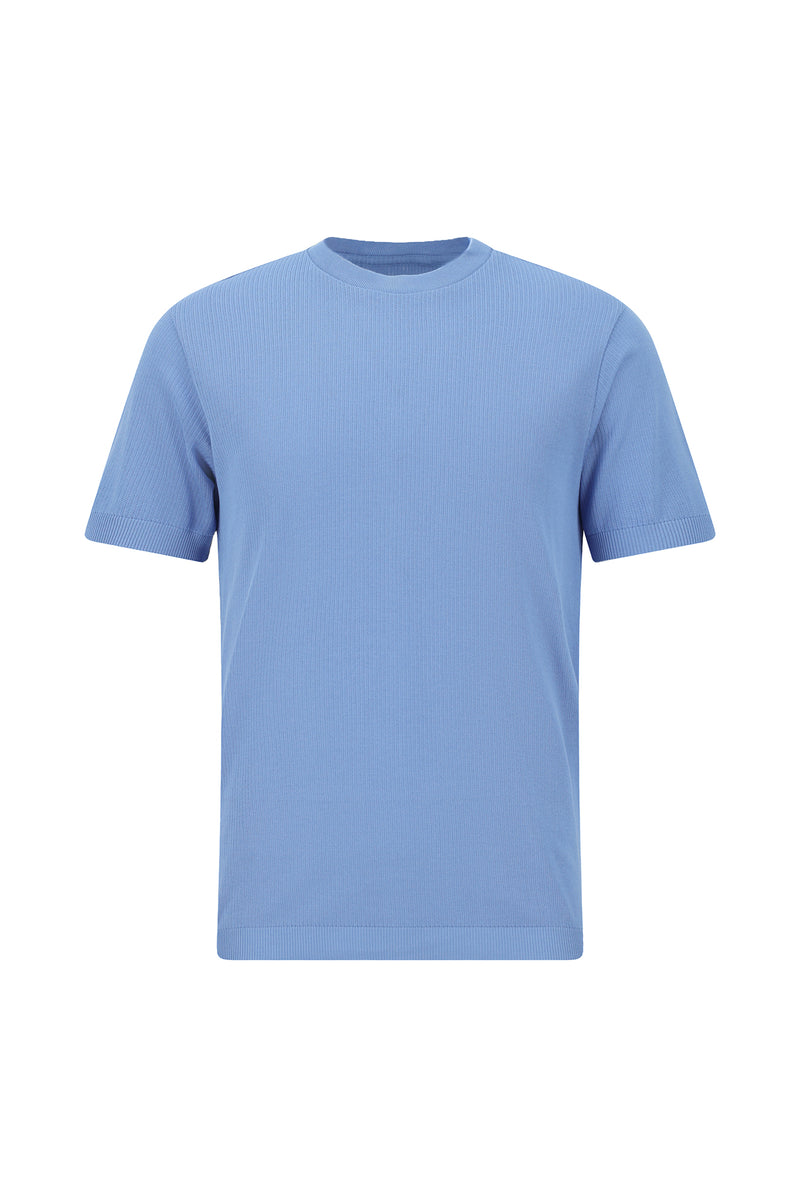 Mavi Crew Neck Slim Fit Dar Kəsik Naxışlı Merserizə Pambıq Örgü Futbolka