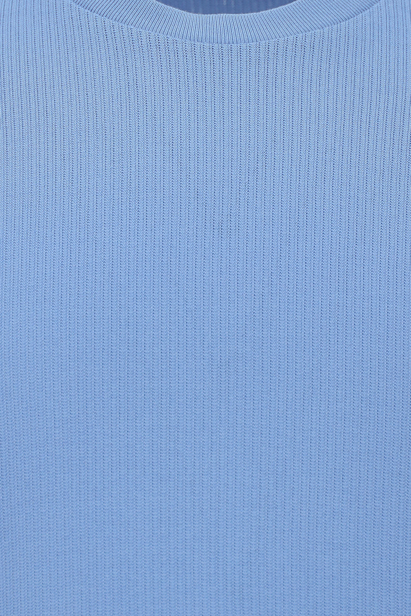 Mavi Crew Neck Slim Fit Dar Kəsik Naxışlı Merserizə Pambıq Örgü Futbolka