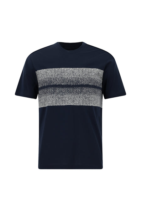 Tünd Dəniz Crew Neck Slim Fit Dar Kəsik Naxışlı Merserizə Pambıq Futbolka
