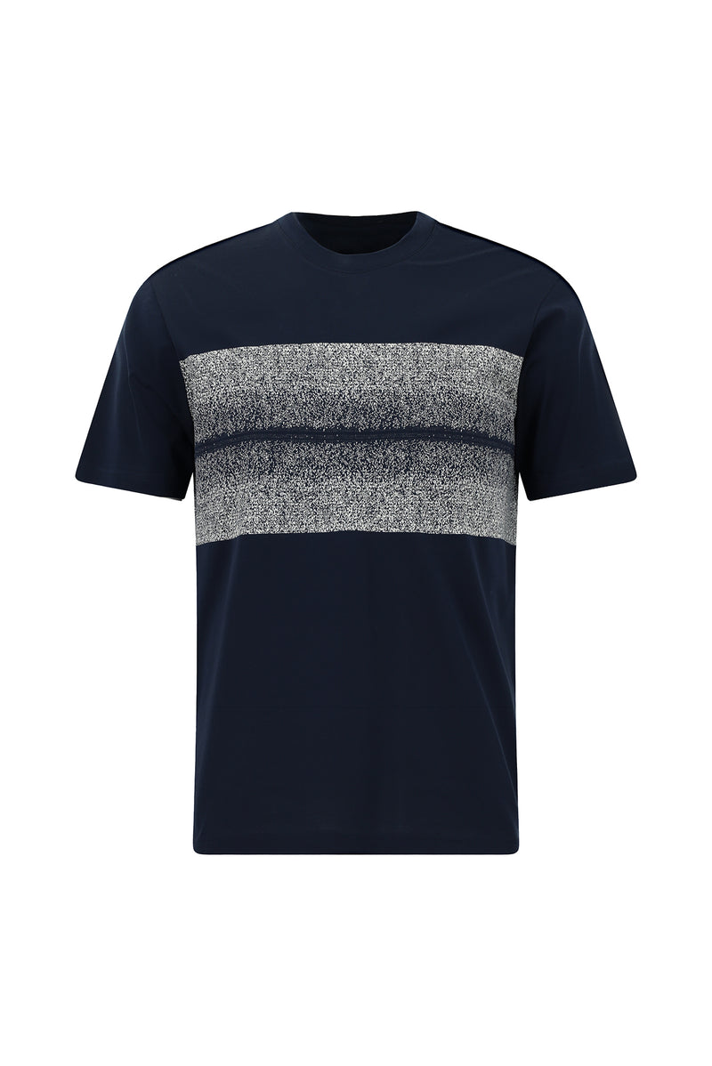 Tünd Dəniz Crew Neck Slim Fit Dar Kəsik Naxışlı Merserizə Pambıq Futbolka
