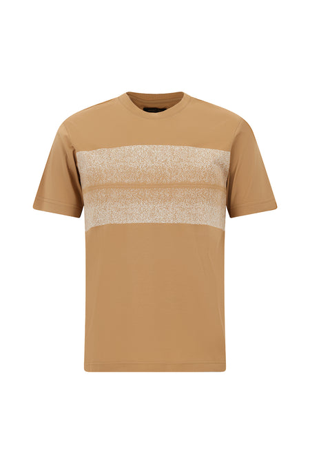 Tünd Bej Crew Neck Slim Fit Dar Kəsik Naxışlı Merserizə Pambıq Futbolka
