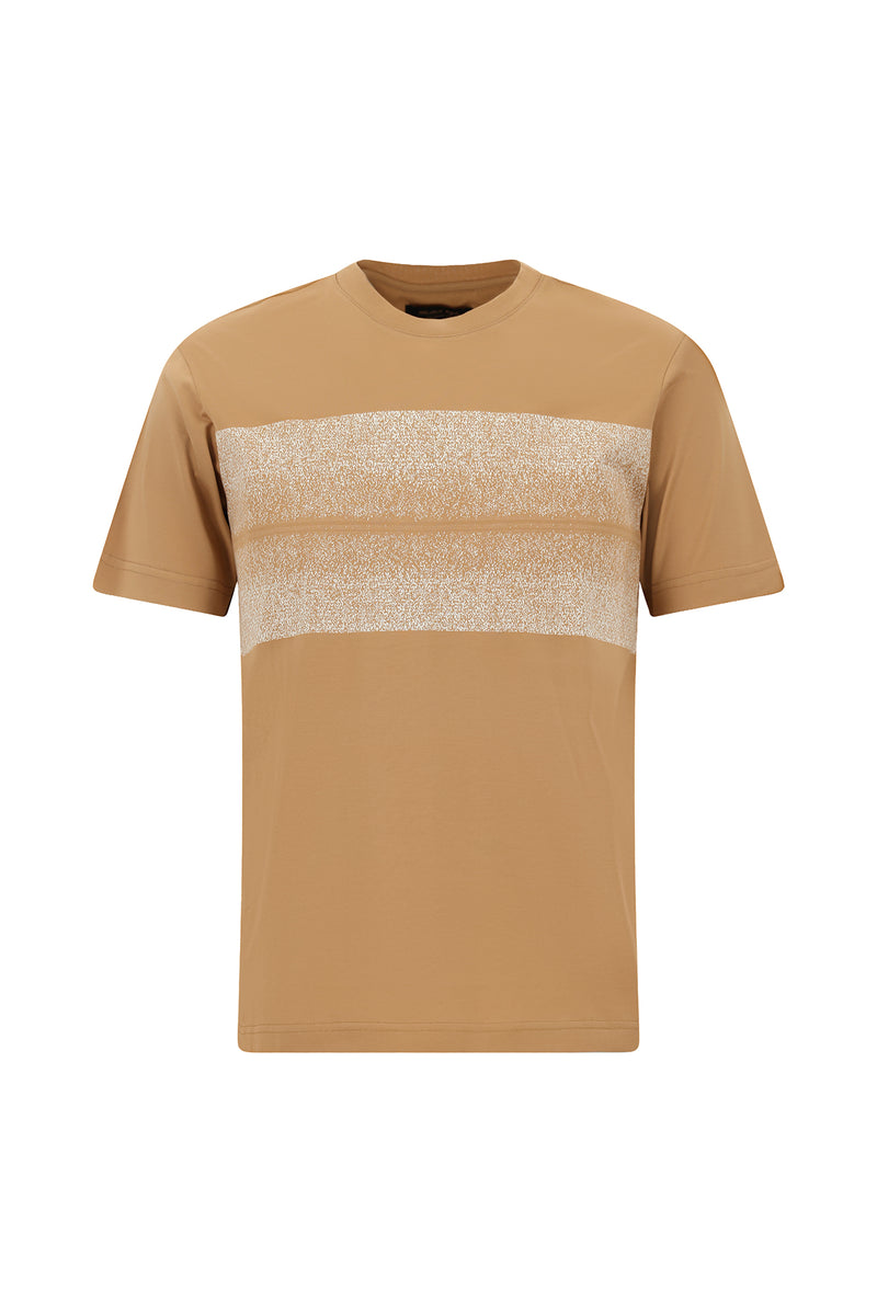 Tünd Bej Crew Neck Slim Fit Dar Kəsik Naxışlı Merserizə Pambıq Futbolka