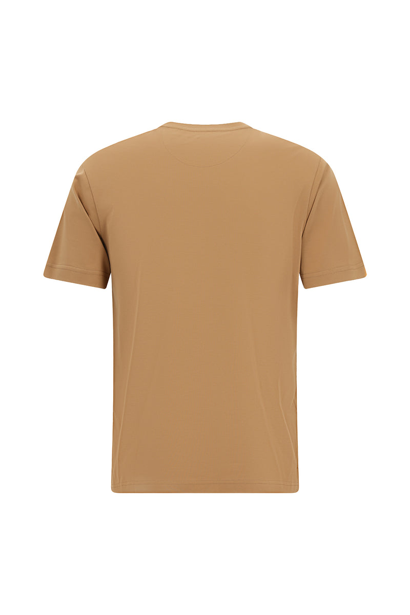 Tünd Bej Crew Neck Slim Fit Dar Kəsik Naxışlı Merserizə Pambıq Futbolka