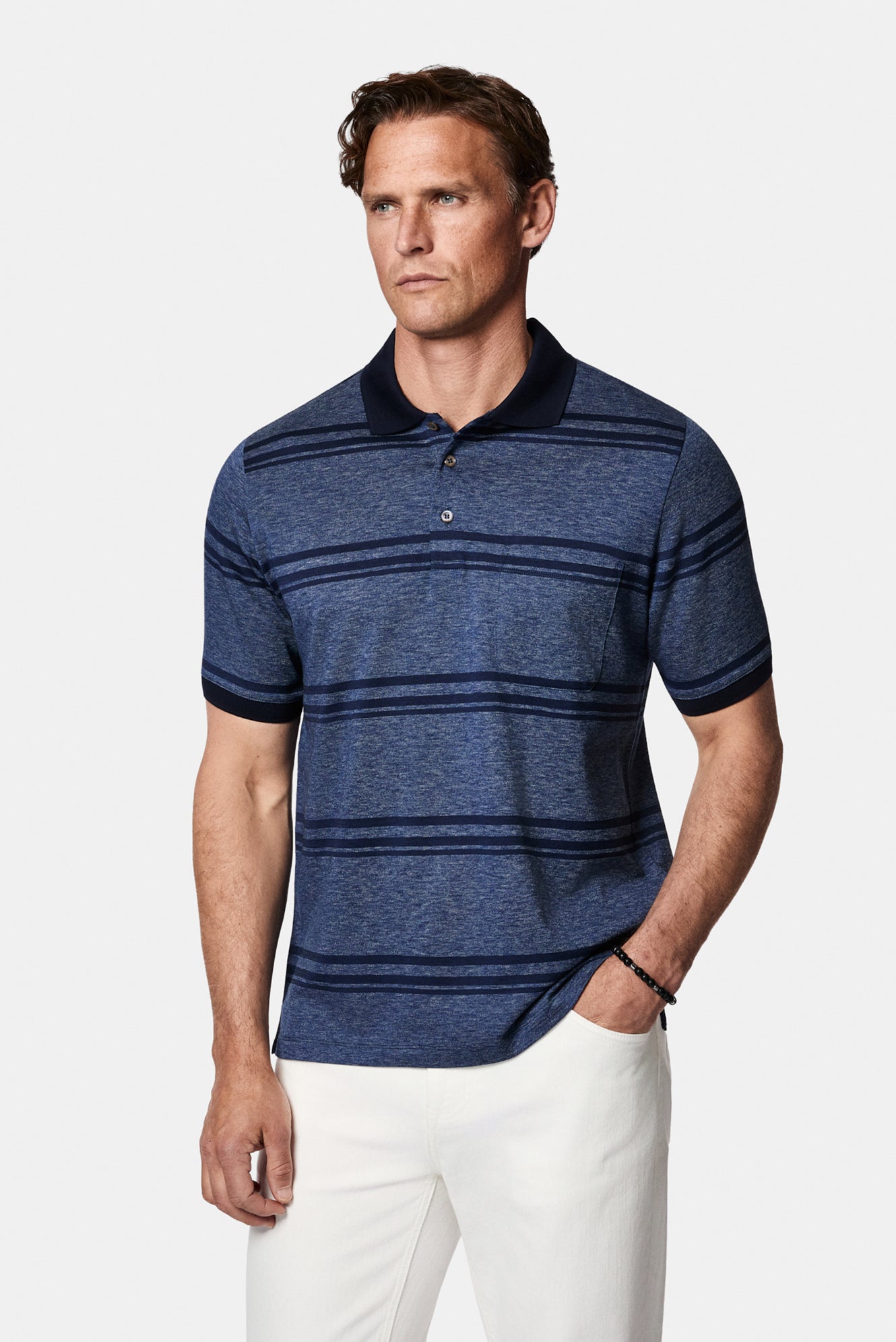 Açıq Dəniz Mavisi Adi Zolaqlı Cibli Merserizə Pambıq Polo Yaxalıqlı T-Shirt