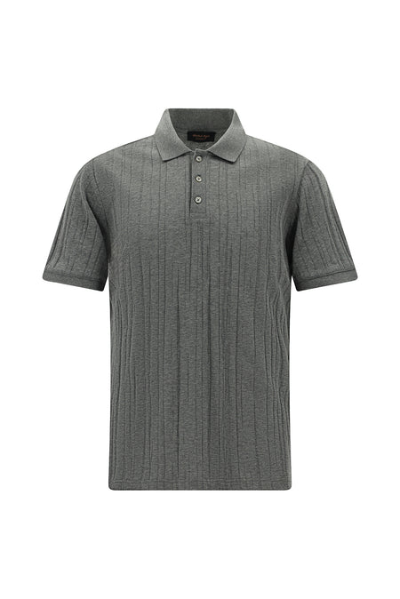 Orta Boz Melanj Slim Fit, Dar Kəsik, Merserləşdirilmiş Pambıq Naxışlı Polo Yaxalıqlı Futbolka