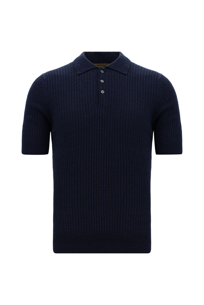 Tünd Dəniz Slim Fit, Dar Kəsik, Merserləşdirilmiş Pambıq Naxışlı Polo Yaxalıqlı Futbolka