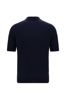 Tünd Dəniz Slim Fit, Dar Kəsik, Merserləşdirilmiş Pambıq Naxışlı Polo Yaxalıqlı Futbolka