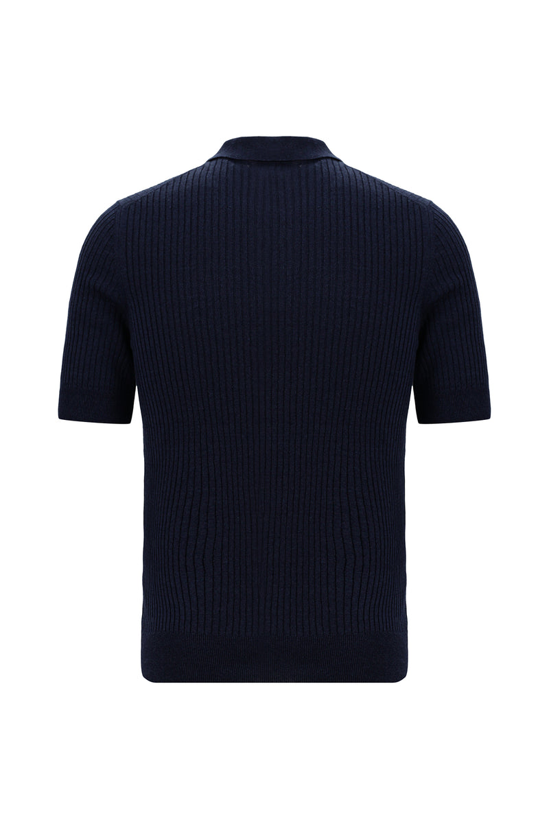 Tünd Dəniz Slim Fit, Dar Kəsik, Merserləşdirilmiş Pambıq Naxışlı Polo Yaxalıqlı Futbolka