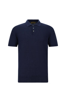 Tünd Dəniz Slim Fit Zolaqlı Pambıq Kətan İtalyan Örgü Polo Futbolka