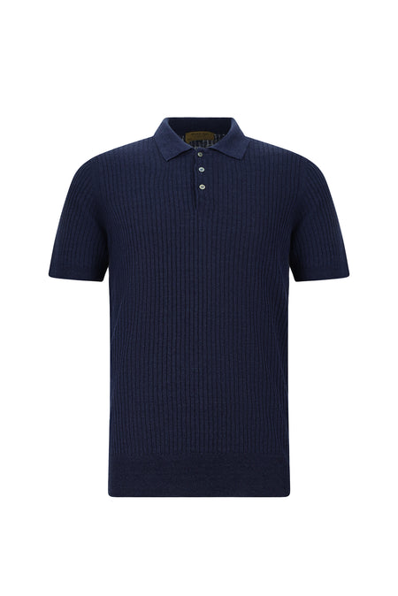 Tünd Dəniz Slim Fit Zolaqlı Pambıq Kətan İtalyan Örgü Polo Futbolka