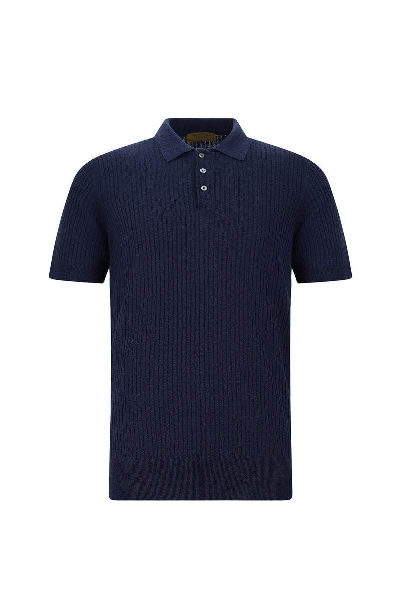 Tünd Dəniz Slim Fit Zolaqlı Pambıq Kətan İtalyan Örgü Polo Futbolka