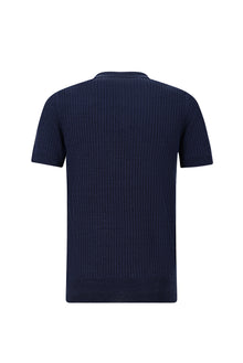 Tünd Dəniz Slim Fit Zolaqlı Pambıq Kətan İtalyan Örgü Polo Futbolka
