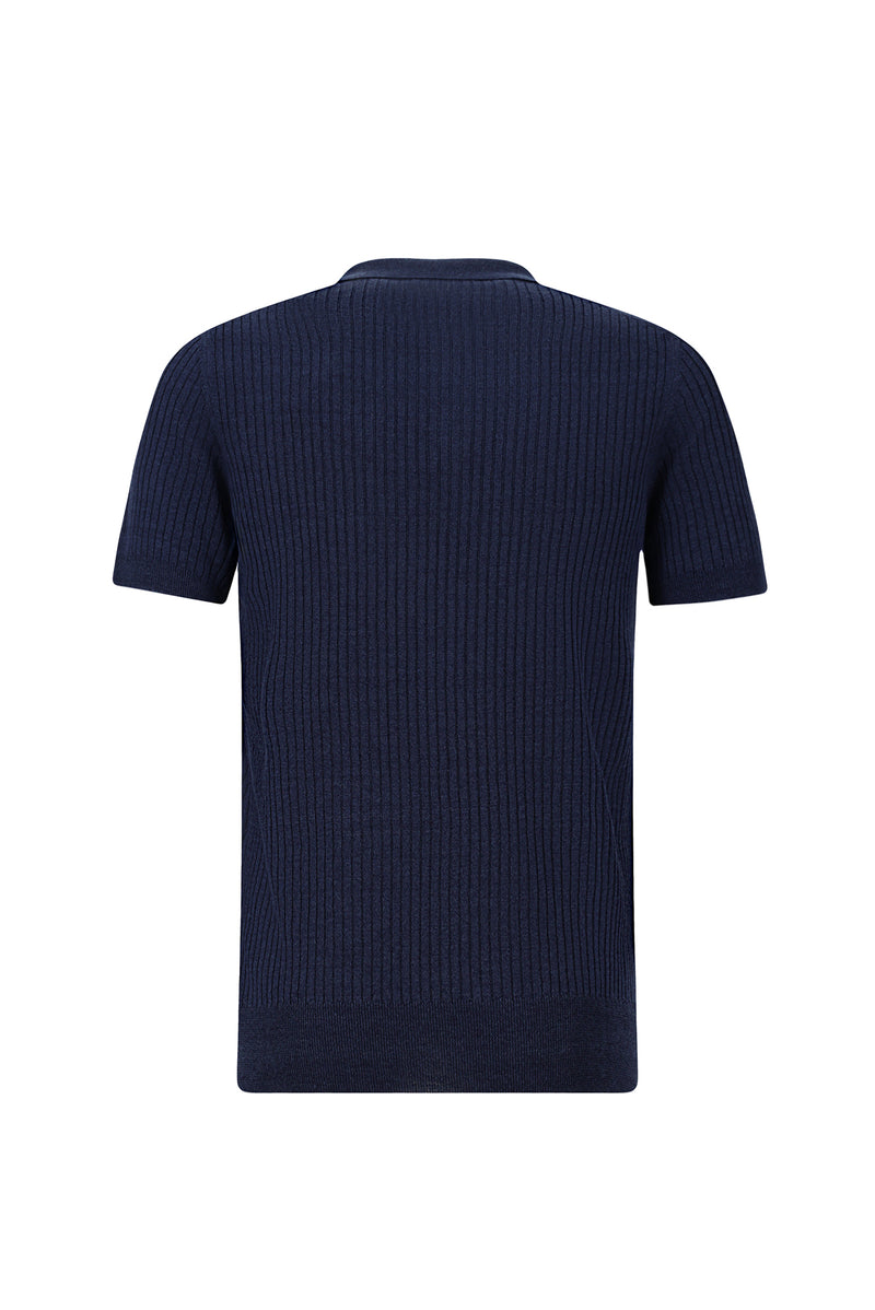 Tünd Dəniz Slim Fit Zolaqlı Pambıq Kətan İtalyan Örgü Polo Futbolka