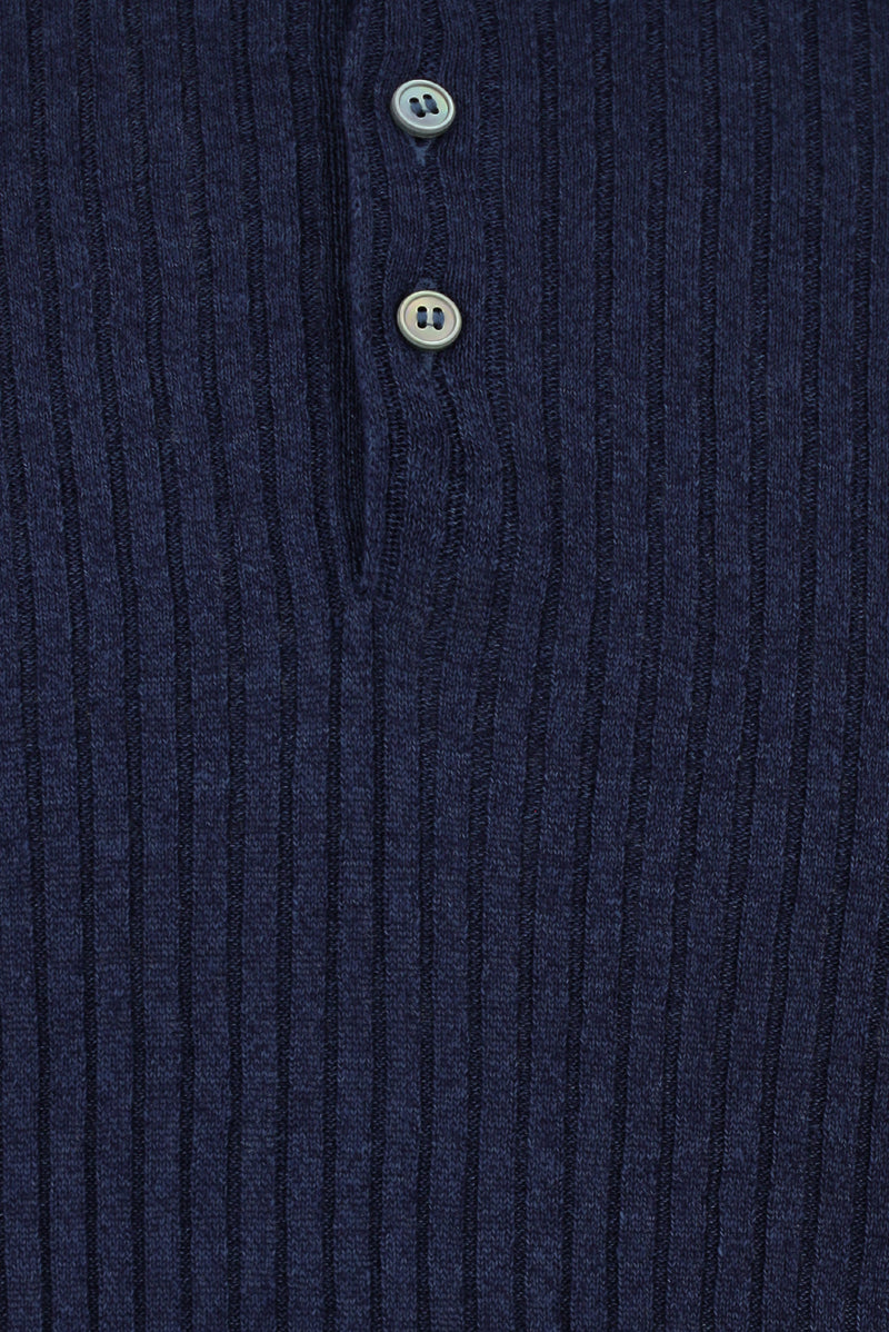 Tünd Dəniz Slim Fit Zolaqlı Pambıq Kətan İtalyan Örgü Polo Futbolka
