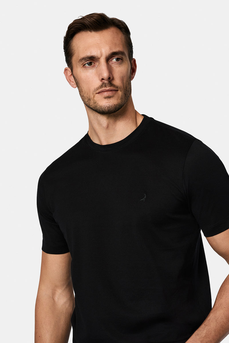 Qara Crew Neck Adi Naxışlı Pambıq Merserizə Edilmiş Basic T-shirt